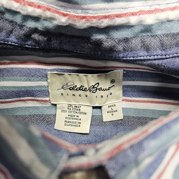 Vintage Eddie-Bauer Vertical-Stripes Shirt L Summer Style Blue Red White - Picture 4 of 9